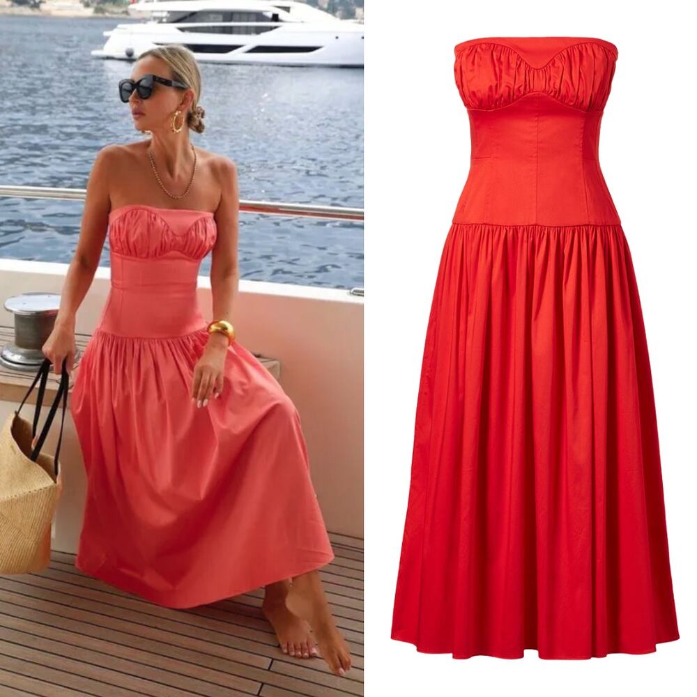 TOVE Lauryn Midi Dress Red Drop Waist Corset Strapless Poplin Cotton‎ 38 US6 NEW